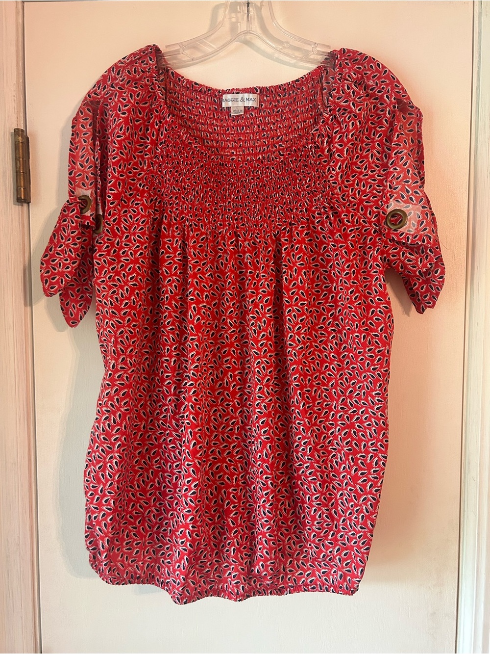 Maggie & Max Red Smocked-Neck Printed Peasant Blouse